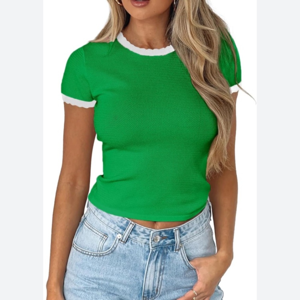 Imily Bela Women's Short Sleeve, Green with White trim Summer basic T. Size S